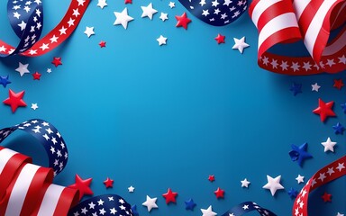 Happy Presidents Day concept. Grosgrain ribbon, American flags and confetti stars on blue background with copy space. Web banner template for USA Independence day or Memorial Day. High quality