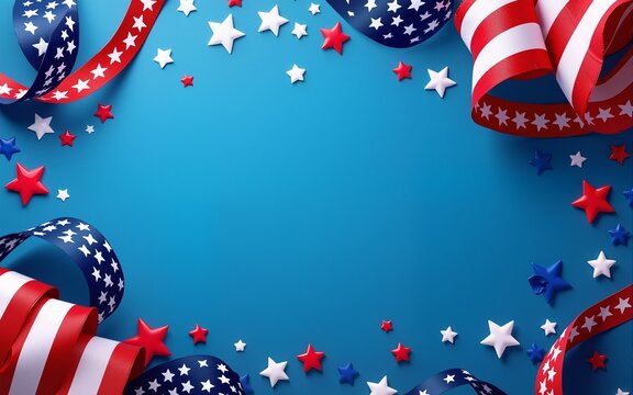 Happy Presidents Day concept. Grosgrain ribbon, American flags and confetti stars on blue background with copy space. Web banner template for USA Independence day or Memorial Day. High quality