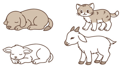 Adorable cartoon illustration showcasing four different domestic animals including a cat and dog.
