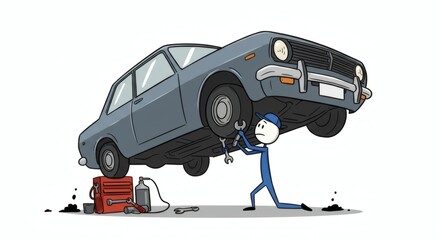 Mechanic Cartoon Illustration  A Stick Figure Mechanic Struggling to Lift a Classic Car