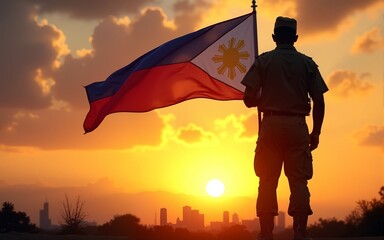 Silhouette of a soldier with the Philippines flag stands against the background of a sunset or sunrise. Concept of national holidays. Commemoration Day. High quality
