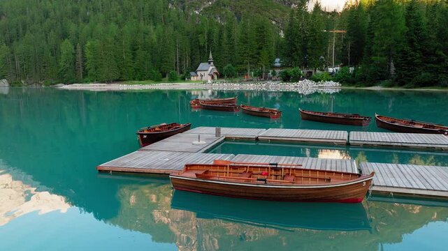 Lago di Braies or Lake Braies crystal blue lake with wooden rowing boats in Italian Dolomites, Lago di Braies chapel and coniferous and broadleaf trees in background, Aerial closeup