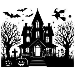  halloween house with pumpkin and ghost vector