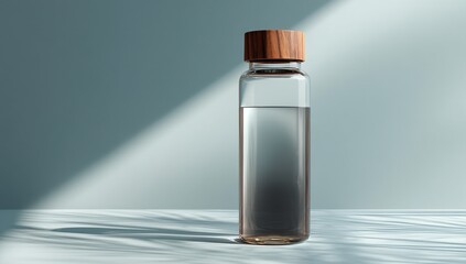 Stylish Glass Water Bottle with Wooden Lid Minimalist Product Shot Half Full of Water Soft Light