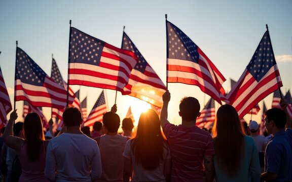 People holding the Flags of the USA. High quality