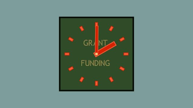 Animation of the GRANT FUNDING concept phrase on a wall clock with running hands. Business financing and grants concept. Copy space