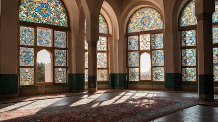 Obraz premium interior of a mosque with red carpets.