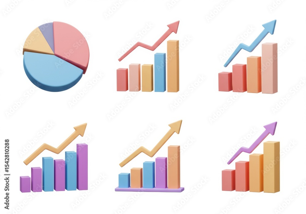 Poster illustrations of pie chart and bar graphs with rising arrow on a plain backdrop