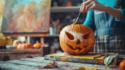 Creative pumpkin carving session in a cozy workshop during autumn