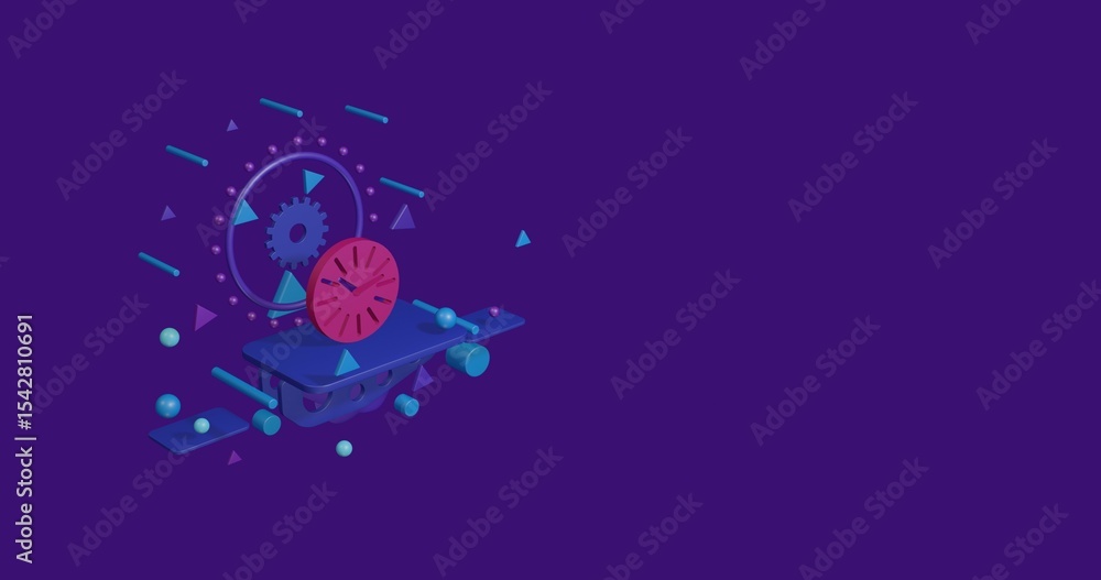 Poster pink clock symbol on a pedestal of abstract geometric shapes floating in the air. abstract concept a