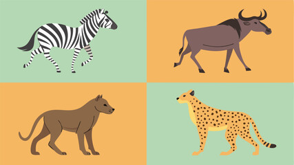 Fototapeta premium Illustrative quadrants of african wildlife featuring a zebra a wildebeest a hyena and a cheetah