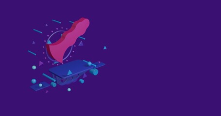 Fototapeta premium Pink sex toy symbol on a pedestal of abstract geometric shapes floating in the air. Abstract concept art with flying shapes on the left. 3d illustration on deep purple background