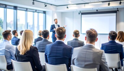 A speaker presents to a group of business professionals, with a screen showing blank presentation.