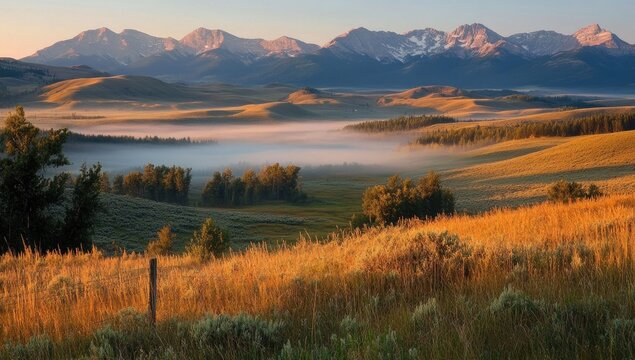Sunrise mist over rolling hills and mountains
