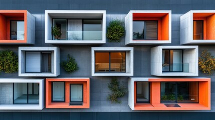 Obraz premium Modern apartment building facade with colorful window boxes.