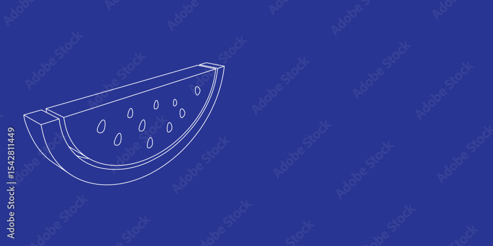 Poster the outline of a large watermelon piece symbol made of white lines on the left. 3d view of the objec