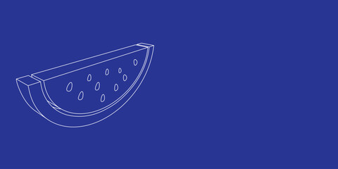 The outline of a large watermelon piece symbol made of white lines on the left. 3D view of the object in perspective. Vector illustration on indigo background