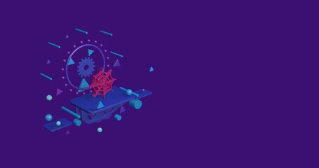 Obraz premium Pink spider web symbol on a pedestal of abstract geometric shapes floating in the air. Abstract concept art with flying shapes on the left. 3d illustration on deep purple background