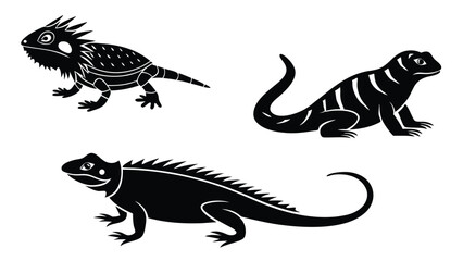 Fototapeta premium Vector illustration of three diverse reptiles showcasing different lizards in a minimalist black and white style.