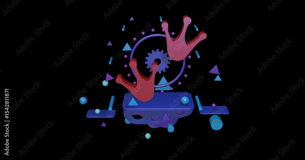 Poster red frog tracks symbol on a pedestal of abstract geometric shapes floating in the air. abstract conc