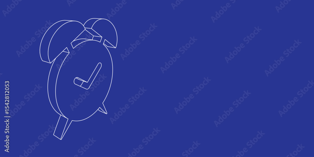 Poster the outline of a large alarm clock symbol made of white lines on the left. 3d view of the object in 
