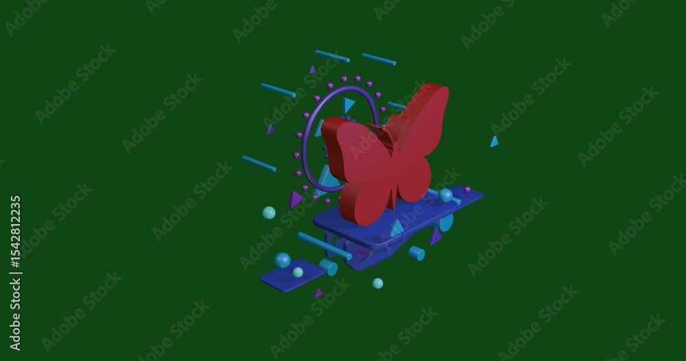 Aufkleber red butterfly symbol on a pedestal of abstract geometric shapes floating in the air. abstract concep