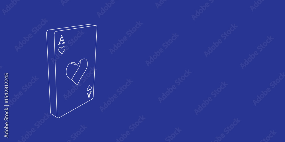 Poster the outline of a large ace of heart card made of white lines on the left. 3d view of the object in p