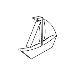 The outline of a large sailing boat symbol is made with black lines. 3D view of the object in perspective. Vector illustration on white background