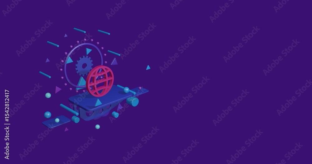 Poster pink web symbol on a pedestal of abstract geometric shapes floating in the air. abstract concept art