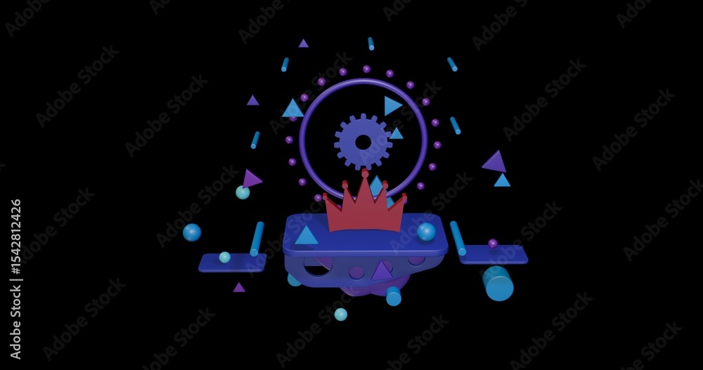 Poster red crown symbol on a pedestal of abstract geometric shapes floating in the air. abstract concept ar