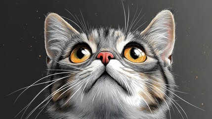 Cute tabby cat looking up, artistic digital painting, dark background, sparkles