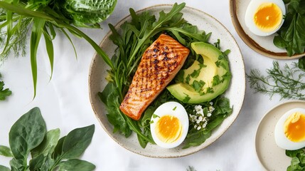 Salmon fillet plated with sliced avocado, boiled egg, and fresh green salad on white linen background flat lay.