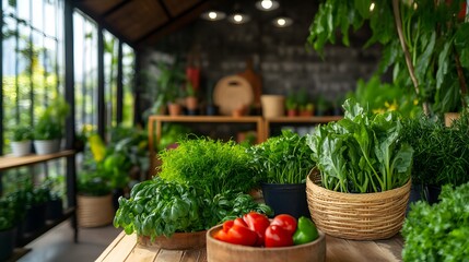Assorted potted green plants and vegetables are displayed indoors in bright greenhouse environment today.