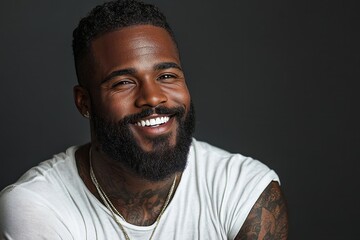 Fototapeta premium Man with a beard smiling happily in a studio, showing off his perfect look while radiating confidence and charm, Generative AI