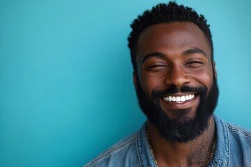 Obraz premium Man with a beard smiling happily in a studio, showing off his perfect look while radiating confidence and charm, Generative AI