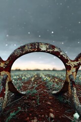 Fototapeta premium Rusty metal archway over a field at twilight