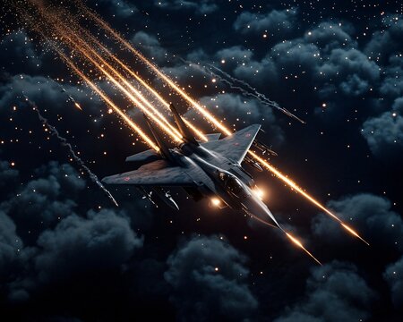 Military Fighter Jet Night Flight Action Scene Aerial Combat Missile Launch Starry Sky
