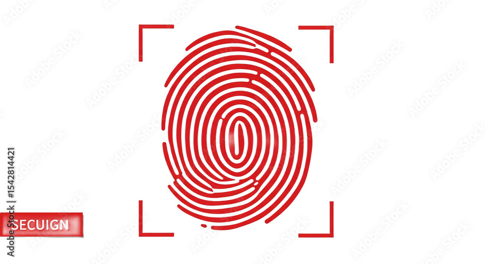 Poster red fingerprint scan with corner brackets and the word secuign on a white background for identificat