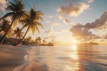 Tropical beach scene with palm trees and a vibrant sunset over the ocean