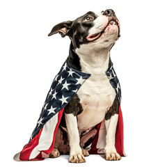 A smiling pit bull dog wearing an American flag cape, sitting in front of a white background.