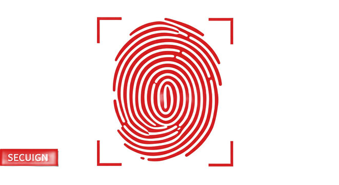 Red fingerprint scan with corner brackets and the word secuign on a white background for identification