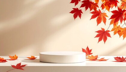 Fall presentation with maple leaves featuring a white product display platform and soft lighting.
