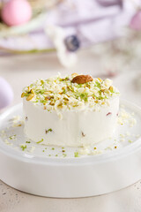 Pistachio tvorozhnaya paskha, bright natural lighting, minimal overhead composition
