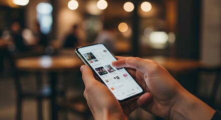 Person Browsing Photos on Smartphone in a Coffee Shop