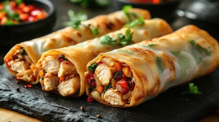 Delicious chicken spring rolls on slate, colorful sauce in background