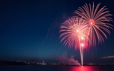 Happy 4th of July - Independence Day background banner panorama USA america holiday celebration greeting card - Blue red white firework on dark night sky. High quality