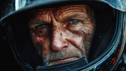 An intense, gritty close-up portrait of a senior motorcyclist. His weathered, wrinkled face and sharp blue eyes are framed by a worn helmet, conveying a lifetime of experience on the road