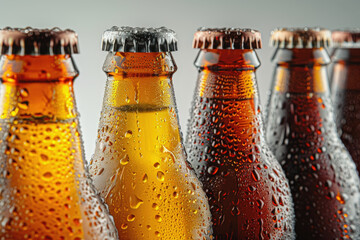 A refreshing, close-up product shot of artisanal beer or kvass bottles. The cold, amber glass is covered in glistening condensation droplets, highlighting the beverage's chilled, crisp quality against