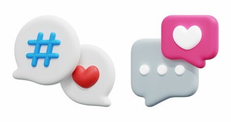 3D rendered speech bubbles and social media icons: a hashtag, a red heart, and a message bubble with a pink heart. 