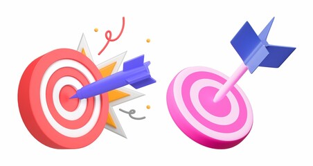 3D rendered targets with darts hitting the bullseye, one with an explosion effect.